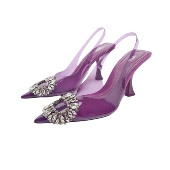 Blogger Trending Favorite Zara Embellished Vinyl Slingback Heels Rhinestones NWT - Picture 2 of 9